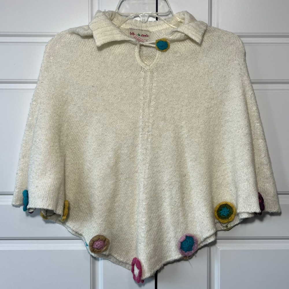 Toffee Apple Kids‎ Cream Knit Poncho Colorful Pom Pom Accents Youth SM